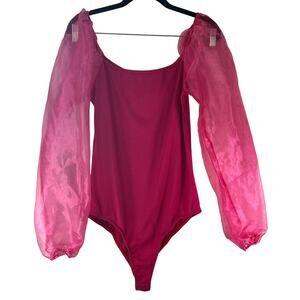 Altar’d State Hot Pink Ribbed Crew Neck Sheer Puff Sleeve Bodysuit Size M